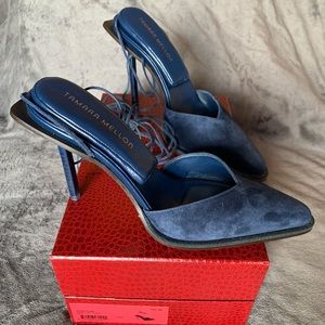 TAMARA MELLON 'Comet 100' Pillow Top Ankle Wrap Pumps in blue suede. Size 40